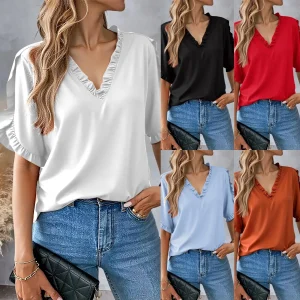 Women Blouse Top Summer 2025 Office Lady V Neck Butterfly Sleeve Solid Color Folds Ruffles T Shirt Female Casual Basis Tops