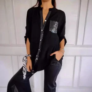 Women Shirt Top Sequins Single Breasted Pockets Loose Shirts Female Casual Blouse Overshirt Office Lady Autumn 2025 Tops