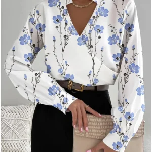 Shirt Women Blouse Print Flower V Neck Long Sleeve Sexy Party Autumn Spring Top Shirts Office Lady Tops 2025 Streetwear