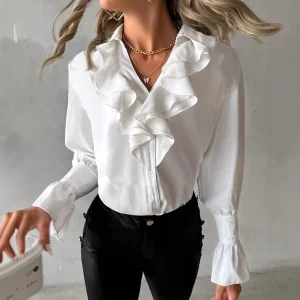 Women Blouse White Sexy Ruffle V Neck Blouse Autumn Spring Top Vintage Button Up Shirts Long Sleeve Casual Office Lady Tops