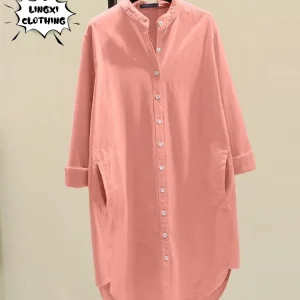 Fashion New Elegant Solid Cotton Linen Women's Shirt Single Breasted Round Neck Casual Commuter Style Mid Length Shirt